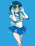  1girl aqua_bow bishoujo_senshi_sailor_moon blue_background blue_choker blue_eyes blue_gemstone blue_hair blue_sailor_collar blue_skirt bow bright_pupils choker circlet closed_mouth collarbone dark_blue_hair elbow_gloves frown gem gloves hair_intakes hands_up miniskirt mizuno_ami pleated_skirt sailor_collar sailor_mercury sailor_senshi_uniform sashimi_(adam026) school_uniform serafuku shirt short_hair simple_background skirt solo twitter_username white_gloves white_pupils white_shirt 