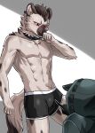  2023 5_fingers absurd_res anthro arknights athletic athletic_anthro athletic_male black_body black_clothing black_fur black_hair blush bulge clothed clothing coat collar doctor_(arknights) duo e_convenient eyebrow_piercing facial_piercing fingers fur grey_body grey_fur hair hi_res hyena hypergryph looking_at_another male male/male mammal piercing spot_(arknights) spots spotted_body spotted_fur spotted_hyena studio_montagne topwear touching_bulge underwear underwear_only 