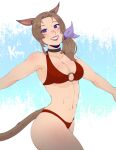  1girl animal_ears artist_name bikini breasts brown_hair cat_ears cat_tail commission cowboy_shot facial_mark final_fantasy final_fantasy_xiv highres koyorin long_hair looking_at_viewer medium_breasts miqo&#039;te navel o-ring o-ring_bikini purple_eyes red_bikini smile solo swimsuit tail warrior_of_light_(ff14) whisker_markings 