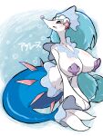  anthro big_breasts bivalve_shell blue_body blue_hair breasts female fin fishnumber2 generation_7_pokemon hair hi_res japanese_text mollusk_shell multicolored_body navel nintendo open_mouth pokemon pokemon_(species) primarina shell simple_background solo text white_body wide_hips 