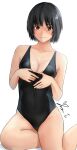  1girl amagami black_hair black_one-piece_swimsuit breasts brown_eyes cleavage closed_mouth clothes_pull commentary_request competition_swimsuit cowboy_shot highres looking_at_viewer medium_breasts nanasaki_ai one-piece_swimsuit one-piece_swimsuit_pull revision short_hair signature simple_background sitting solo swimsuit two-tone_swimsuit white_background yokozuwari yoo_tenchi 