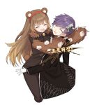 1boy 1girl animal_ears ascot bear_claws bear_ears black_ascot black_coat blank_eyes blush bodysuit brown_bodysuit brown_hair butterfly_hair_ornament closed_eyes coat e.g.o_(project_moon) gloves hair_ornament hairband highres library_of_ruina long_hair long_sleeves love_mintchoco malkuth_(project_moon) open_mouth project_moon purple_hair red_hairband simple_background smile stuffing very_long_hair white_background white_gloves yesod_(project_moon) 