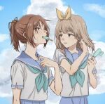  2girls aqua_neckerchief blonde_hair blue_eyes blue_sailor_collar blue_sky brown_hair cloud cloudy_sky collar_tug commentary curryisfriend double_popsicle eating food food_in_mouth hair_ornament hand_in_own_hair hands_up hibike!_euphonium kitauji_high_school_uniform looking_at_another mouth_hold multiple_girls nakagawa_natsuki neckerchief parted_lips ponytail popsicle sailor_collar school_uniform shirt short_sleeves sky sweat symbol-only_commentary teeth_hold unequal_popsicle_division white_shirt yoshikawa_yuuko 