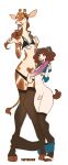  anthro badge big_penis bra braless canid canine canis clothing domestic_dog duo foxyrenew genitals giraffe giraffid hair hair_bun heart_(marking) hi_res hooves intersex intersex/intersex intersex/male legwear long_hair looking_at_viewer male mammal open_mouth panties_around_legs paws penis size_difference slim small_penis thigh_highs underwear wide_hips 