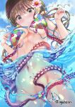  1girl absurdres animal bikini blush breasts fish flower grey_eyes hair_flower hair_ornament highres light_brown_hair long_hair looking_at_viewer medium_breasts navel octopus ogata_tei original outdoors partially_submerged print_bikini solo stomach suction_cups swimsuit tentacles wardrobe_malfunction 