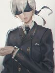  1boy bishounen black_blindfold black_coat black_gloves black_necktie blindfold choker coat gloves jujumaho_(nanigaxila) male_focus necktie nier:automata nier_(series) open_mouth shirt short_hair shorts simple_background solo watch white_background white_hair white_shirt wristwatch yorha_no._9_type_s 