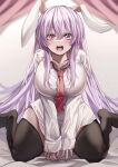  1girl absurdres alternate_breast_size animal_ears black_thighhighs blush breasts hair_between_eyes highres large_breasts long_hair long_sleeves looking_at_viewer maboroshi_mochi necktie open_mouth pantyhose pink_hair pink_nails purple_hair rabbit_ears red_eyes red_necktie reisen_udongein_inaba shirt sitting solo thick_thighs thighhighs thighs touhou very_long_hair wariza white_shirt 