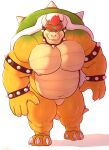  2023 absurd_res anthro armband barazoku belly biceps big_belly big_muscles big_pecs bowser bracelet claws collar deltoids eyebrows featureless_crotch hair hi_res horn huge_muscles jewelry koopa looking_at_viewer male manly mario_bros musclegut muscular muscular_anthro muscular_male navel nelsontheshark nintendo nipples non-mammal_nipples nude pecs scalie shadow shell simple_background solo spiked_armband spiked_bracelet spiked_collar spiked_shell spikes spikes_(anatomy) standing teeth thick_thighs walking white_background 