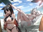  2girls absurdres animal_ears arknights beach bikini black_hair blue_sky breasts cleavage cloud cloudy_sky colored_inner_hair ear_piercing eyewear_on_head food food_in_mouth grey_eyes grey_hair groin hammock highres lappland_(arknights) large_breasts lens_flare messy_hair mouth_hold multicolored_hair multiple_girls navel ocean one_eye_closed oripathy_lesion_(arknights) outdoors palm_tree piercing pocky red_hair sand scar scar_across_eye sharp_teeth side-tie_bikini_bottom sky sling_bikini_top sunglasses sunlight swimsuit tail teeth texas_(arknights) thighs tree two-tone_hair water wolf_ears wolf_girl wolf_tail yzbr 