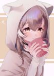  ahoge amane_0e0 animal_hood black_choker brown_eyes brown_hair brown_hoodie choker crossed_bangs cup ears_through_headwear fingernails highres holding holding_cup hololive hololive_english hood hood_up hoodie jewelry long_hair looking_at_viewer mug multicolored_hair nanashi_mumei nanashi_mumei_(3rd_costume) necklace official_alternate_costume oversized_clothes red_shirt shirt simple_background smile streaked_hair sweater virtual_youtuber white_sweater 