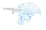  5_fingers ak-74 anthro arm_feathers automatic_weapon black_and_white blue_and_white bone_frill boots bottomwear breasts clothing crouching elbow_feathers fang_(gvh) feathered_wings feathers female fingers footwear frill_(anatomy) goodbye_volcano_high gun hair holding_gun holding_object holding_rifle holding_weapon kalashnikov magazine_(gun) monochrome narrowed_eyes pants plantigrade protonmono pterodactylus pterosaur ranged_weapon reptile scalie short_tail simple_background sleeveless snoot_game snout solo tail weapon wings 