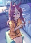  1girl ahoge alternate_costume animal_ears bed brown_hair copano_rickey_(umamusume) hair_between_eyes hair_down hair_iron highres holding holding_hair holding_own_hair horse_ears horse_girl horse_tail long_hair long_sleeves looking_at_viewer multicolored_hair murasaki_himuro pajamas pink_eyes sitting solo streaked_hair tail umamusume white_hair yellow_pajamas 