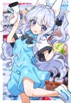  1girl animal_ear_headphones animal_ears apron barcode_scanner black_bow black_bowtie blue_apron blue_archive blue_eyes blue_hair blurry blurry_background blush bow bowtie bread breasts commentary fake_animal_ears food fuji_tarawi halo hands_up headphones highres holding holding_food indoors legs light_blue_hair long_hair looking_at_viewer market melon_bread miyako_(blue_archive) miyako_(lawson)_(blue_archive) name_tag open_mouth print_apron rabbit_ear_headphones shirt shoes short_sleeves side_ponytail sidelocks small_breasts smile sneakers solo standing standing_on_one_leg star_(symbol) striped striped_bow striped_bowtie thighs wavy_hair white_footwear white_shirt 