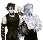  3boys aether_(genshin_impact) ahoge alternate_costume ascot black_hair black_pants black_tank_top blonde_hair closed_mouth earrings english_commentary expressionless genshin_impact hair_between_eyes helmet highres holding holding_helmet jewelry kuren_0x long_hair looking_at_viewer looking_to_the_side male_focus motorcycle_helmet multicolored_hair multiple_boys muscular muscular_male necklace neuvillette_(genshin_impact) pants renaissance_clothes ring scar scar_on_arm scar_on_neck scar_on_shoulders shirt short_hair simple_background streaked_hair tank_top upper_body v white_ascot white_background white_hair white_shirt wriothesley_(genshin_impact) 