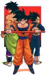  3boys absurdres black_hair blue_footwear broly_(dragon_ball_super) dragon_ball dragon_ball_super full_body highres holding multiple_boys pants purple_pants relio_db318 scar scar_on_face shadow smile son_goku standing vegeta white_footwear 