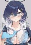  1girl blue_archive blue_eyes blue_hair blue_necktie blush breasts chihiro_(blue_archive) cleavage_cutout clothing_cutout glasses hair_ornament highres large_breasts necktie oza_osuwari paizuri_invitation 