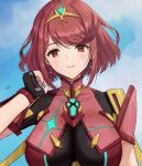  1girl aqua_gemstone black_gloves bob_cut breasts chest_jewel drop_earrings earrings fingerless_gloves gem gloves impossible_clothes jewelry large_breasts neon_trim oyasu_(kinakoyamamori) pyra_(xenoblade) red_eyes red_hair short_sleeves solo swept_bangs tiara upper_body xenoblade_chronicles_(series) xenoblade_chronicles_2 