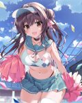  1girl :d aqua_skirt black_choker blue_sky breasts brown_eyes brown_hair cheerleader choker cleavage cloud collarbone commentary_request day highres karory long_hair looking_at_viewer medium_breasts navel open_mouth original outdoors pom_pom_(cheerleading) skirt sky smile solo stadium thighhighs thighs twintails visor_cap white_thighhighs zettai_ryouiki 