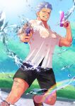  1boy absurdres andy_(undead_unluck) bara black_shorts collared_shirt dual_wielding feet_out_of_frame grey_hair grin highres holding holding_water_gun large_pectorals looking_at_viewer male_focus muscular muscular_male pectorals perspective pointing_weapon rainbow see-through shirt short_hair shorts smile solo t_56252280 undead_unluck water water_gun wet wet_clothes wet_shirt 