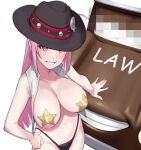  1girl areola_slip bikini bikini_bottom_only black_bikini black_headwear breasts car censored cowboy_hat crop_top dasdokter grin hand_on_own_hip hat highres hololive hololive_english large_breasts long_hair looking_at_viewer mori_calliope mosaic_censoring motor_vehicle navel open_clothes open_shirt pasties pink_hair red_eyes shirt smile solo star_pasties straight_hair swimsuit virtual_youtuber white_background white_shirt 