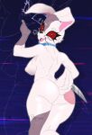  anthro breasts butt female five_nights_at_freddy&#039;s five_nights_at_freddy&#039;s:_security_breach fur hi_res knife lagomorph leporid looking_at_viewer looking_back mammal purrynx rabbit rear_view red_eyes scottgames seductive solo standing steel_wool_studios vanny_(fnaf) white_body white_fur 
