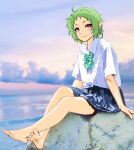  1girl ahoge alternate_costume aqua_bow barefoot blue_skirt bow closed_mouth collared_shirt elf green_hair highres mizumori_keiichi mushoku_tensei pointy_ears red_eyes shirt short_hair sitting sitting_on_rock skirt smile solo sylphiette_(mushoku_tensei) water white_shirt 