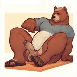  anthro balls bear bottomless brown_body chubby_male clothed clothing elweonfurr0 erection flip_flops footwear foreskin genitals hi_res male mammal partially_retracted_foreskin penis reclining_pose sandals shirt shirt_only sitting solo thick_penis thick_thighs topwear topwear_only 