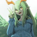  2023 anthro breasts claws clothing cute_fangs dragon female gesture green_body green_hair hair half-length_portrait hi_res horn keizul_(dragon) looking_at_viewer open_mouth portrait simple_background solo sweater tongue topwear unknown_artist v_sign yellow_eyes yellow_horn 