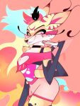  2023 4_arms 4_fingers anthro arthropod blush bottomwear canid canine clothing demon digital_media_(artwork) fingers fire fox fur hair helluva_boss hi_res hybrid insect kiychain mammal multi_arm multi_limb multicolored_body multicolored_fur multicolored_hair open_mouth queen_bee-lzebub_(helluva_boss) shorts simple_background wings 