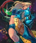  1girl 1other absurdres arm_cannon blonde_hair blue_eyes crop_top dissolving_clothes fusion_suit glowing glowing_eyes helmet highres kornart long_hair looking_at_viewer metroid metroid_fusion navel parted_lips planet power_armor sa-x samus_aran short_shorts shorts space stomach weapon x_parasite 