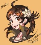  1girl ahoge brown_hair choker collar fire_emblem fire_emblem_fates flower freckles hair_flower hair_ornament highres mozu_(fire_emblem) open_mouth portrait saiykik short_twintails smile solo swept_bangs teeth twintails upper_teeth_only 