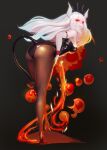  1girl ass black_background bowing commentary crown demon demon_girl demon_horns demon_tail hand_on_own_thigh helltaker high_heels highres horns long_hair looking_back lucifer_(helltaker) mole mole_under_eye pantyhose red_eyes smile tail white_hair white_horns 