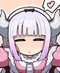  1girl =_= average-hanzo blunt_bangs blush closed_eyes commentary dragon_girl dragon_horns dress english_commentary heart horns incoming_kiss kanna_kamui kobayashi-san_chi_no_maidragon orange_background outline parted_lips purple_dress purple_hair reaching reaching_towards_viewer simple_background solo speech_bubble spoken_heart white_outline 