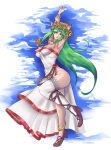  1girl armlet breasts calmgreentori chain chiton circlet cleavage collarbone dress forehead_jewel gold gold_chain green_eyes green_hair high_heels highres jewelry kid_icarus kid_icarus_uprising large_breasts long_hair palutena parted_bangs pendant single_thighhigh strapless strapless_dress thighhighs vambraces very_long_hair white_dress white_thighhighs 