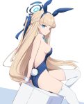  1girl absurdres animal_ears blonde_hair blue_archive blue_eyes blue_leotard bow bowtie braid breasts detached_collar fake_animal_ears french_braid halo highres kittenlochen leotard long_hair looking_at_viewer medium_breasts official_alternate_costume playboy_bunny rabbit_ears sideboob sitting solo strapless strapless_leotard suitcase toki_(blue_archive) toki_(bunny)_(blue_archive) very_long_hair wrist_cuffs 