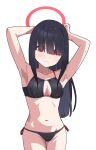  1girl bare_arms bare_legs bare_shoulders bikini black_bikini black_hair blue_archive blush breasts closed_mouth commentary_request cowboy_shot hair_over_eyes halo highres justice_task_force_member_(blue_archive) long_hair medium_breasts navel nyaru_(nyaru_4126) red_eyes red_halo simple_background solo swimsuit white_background 