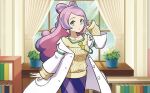  1girl breasts collarbone earrings flower_earrings green_eyes jewelry lab_coat light_purple_hair long_hair long_sleeves medium_breasts miriam_(pokemon) multicolored_hair off-shoulder_sweater off_shoulder official_art pokemon pokemon_(game) pokemon_sv pokemon_tcg purple_skirt sakuma_sanosuke school_nurse skirt solo stethoscope streaked_hair striped striped_skirt sweater third-party_source yellow_nails yellow_sweater 