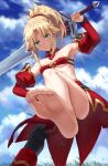  1girl armpits bandeau bare_shoulders barefoot blonde_hair blue_sky braid breasts clarent_(fate) detached_collar detached_sleeves fate/apocrypha fate/grand_order fate_(series) feet foot_focus french_braid green_eyes highres holding holding_sword holding_weapon long_hair looking_at_viewer mordred_(fate) mordred_(fate/apocrypha) parted_bangs ponytail sidelocks single_thighhigh sky small_breasts smile soles solo sword thighhighs toenails toes tonee weapon 