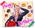  1boy :3 absurdres blue_eyes blush bouquet bruno_bucciarati chibi flower giorno_giovanna grey_hair guido_mista happy_birthday hat highres jojo_no_kimyou_na_bouken leone_abbacchio long_hair male_focus moody_blues_(stand) narancia_ghirga pannacotta_fugo party_hat postcard purple_lips rose solo tape tasse_jj twitter_username vento_aureo 