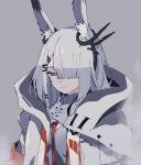  1girl animal_ear_fluff animal_ears arknights artist_name blunt_bangs citron80citron closed_mouth commentary_request frostnova_(arknights) grey_background grey_eyes grey_hair grey_shirt hair_ornament hair_over_one_eye hairclip half-closed_eyes highres long_hair rabbit_ears rabbit_girl scar scar_on_face scar_on_nose shirt solo upper_body 