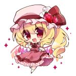  1girl :d belt belt_buckle blonde_hair bow bowtie buckle chibi clothes_lift commentary crystal_wings dress dress_lift fang flandre_scarlet food food_print frilled_dress frills fruit full_body gem hand_up hat hat_bow hat_ribbon highres holding holding_food holding_fruit layered_dress looking_at_viewer misosiru_0224 mob_cap open_mouth print_dress red_belt red_bow red_bowtie red_dress red_eyes red_gemstone red_ribbon ribbon side_ponytail simple_background smile socks solo sparkle strawberry strawberry_print touhou white_background white_headwear white_socks wings 