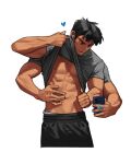  1boy abs biceps black_hair black_pants cellphone clothes_lift cowboy_shot earbuds earphones extra_arms grey_shirt heart holding holding_phone muscular muscular_male navel nipples original pants pectorals phone rinotuna shirt shirt_lift short_hair short_sleeves simple_background smartphone solo white_background 
