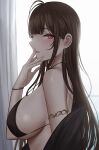  1girl armlet bare_shoulders blunt_bangs blush breasts brown_hair covering_mouth dsr-50_(girls&#039;_frontline) earrings from_side girls&#039;_frontline hand_over_own_mouth highres jewelry large_breasts long_hair looking_at_viewer looking_to_the_side off_shoulder parted_lips red_eyes selcky smile underboob upper_body 