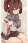  1girl brown_eyes brown_hair brown_hakama brown_skirt character_name commentary_request grey_background grey_shirt hair_intakes hakama hakama_skirt headband highres impossible_clothes impossible_shirt ise_(kancolle) japanese_clothes kantai_collection okiraku_nikku one-hour_drawing_challenge pleated_skirt ponytail shirt short_hair simple_background skirt solo steaming_body thick_thighs thighs translation_request turtleneck undershirt 
