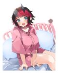  1girl :d absurdres alternate_costume bed black_hair blue_eyes blush border breasts commentary_request demon_girl demon_horns feet_out_of_frame highres horns large_breasts looking_at_viewer multicolored_hair nanashi_inc. on_bed open_mouth pink_shirt pink_shorts pointy_ears red_hair ryugasaki_rene shirt short_hair shorts sitting smile solo sugar_lyric two-tone_hair virtual_youtuber white_border zono_(inokura_syuzo029) 