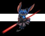  2017 4_fingers 4_toes alien anthro biped black_clothing black_gloves black_handwear blue_body blue_fur blue_nose chest_tuft claws clenched_teeth clothing crossover darth_maul disney duaxer experiment_(lilo_and_stitch) feet fingers fur gloves handwear hi_res holding_lightsaber horn lightsaber lilo_and_stitch looking_at_viewer male melee_weapon notched_ear robe simple_background solo star_wars stitch_(lilo_and_stitch) teeth toe_claws toes tuft weapon 