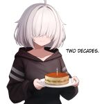  1girl anniversary arc_9_(mikoscrub) birthday_cake black_hoodie cake candle closed_mouth collarbone commentary covered_eyes english_commentary english_text food grey_hair hair_over_eyes hands_up highres holding holding_plate hood hood_down hoodie long_sleeves mikoscrub original plate short_hair simple_background smile solo upper_body white_background 
