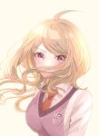  1girl ahoge airabi akamatsu_kaede blonde_hair blush breasts collared_shirt danganronpa_(series) danganronpa_v3:_killing_harmony frown hair_ornament highres large_breasts long_hair long_sleeves looking_at_viewer musical_note musical_note_hair_ornament necktie orange_necktie pink_eyes pink_sweater_vest shirt solo sweater_vest upper_body white_shirt 