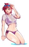  1girl bikini blushyspicy character_name collarbone hair_between_eyes league_of_legends navel outline purple_bikini red_hair shirt short_hair short_sleeves sitting stomach sunglasses swimsuit teeth transparent_background vi_(league_of_legends) wading water wet wet_clothes wet_shirt white_outline white_shirt 