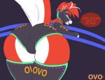  2021 alien antennae_(anatomy) anthro artist_name back_bulge big_butt biped bulge butt clothed clothing comic_sans dialogue dipstick_antennae disney english_text experiment_(lilo_and_stitch) fan_character ferlo flat_colors fur lilo_and_stitch luchador male multicolored_antennae open_mouth open_smile ovorange pink_nose purple_background rear_view red_body red_fur red_speech_bubble simple_background smile solo speech_bubble tail text thick_tail white_body white_fur wrestler wrestling_outfit 